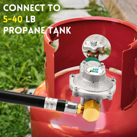GasSaf propane regulator with 3ft hose attached to a red propane tank, 90-degree RV regulator