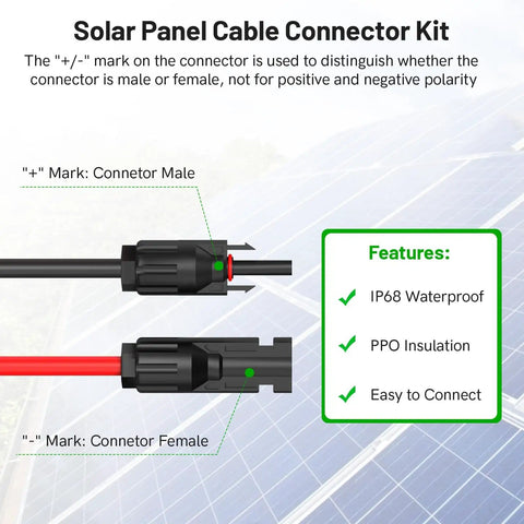 Diagram showing male and female connectors in MC4 To DC8mm Adapter Cable, 6Ft Solar Connector To 5.5mmx2.5mm Male Converter For Portable Power Stations And Solar Generators, No Fuss Install, Durable Weatherproof Solar Panel Connector kit, with features  IP68 waterproof, PPO insulation, Easy to Connect.