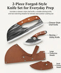 Two Piece Hand Forged Chef Knife And Boning Knife Set with wooden handle, leather sheath, and cleaver-style blade visible.