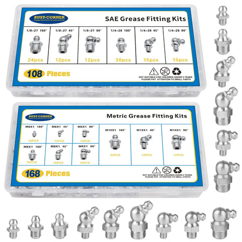 Heavy Duty 276 Piece SAE And Metric Grease Fittings Kit With One Quarter Inch And One Eighth Inch Fittings M6 M8 M10