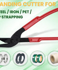 Top Shelf 12 Inch Banding Cutter For Steel And Plastic Strapping With Ergonomic Rubber Grip No Sweat One Hand Operation Crush High Tensile Packaging Real Deal Solid Alloy Steel Blade Cuts Clean with red handles.