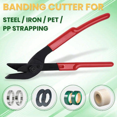 Top Shelf 12 Inch Banding Cutter For Steel And Plastic Strapping With Ergonomic Rubber Grip No Sweat One Hand Operation Crush High Tensile Packaging Real Deal Solid Alloy Steel Blade Cuts Clean with red handles.