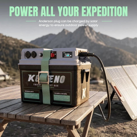 Smart Marine Battery Box 12V 24V Power Center With USB C And QC3.0 Quick Charge Port For Deep Cycle Bank on a wooden table outdoors.