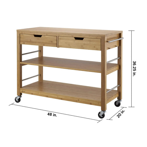Total Kitchen Upgrade 48 Inch Bamboo Island Cart With Slick Rolling Wheels Double Drawer Units And Spacious Shelves Heavy Duty Wood Prep Table in natural light.