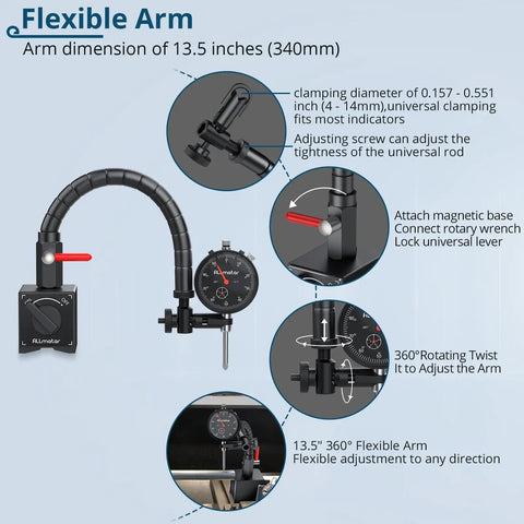 Dial Indicator Set With Magnetic Base 0 to 1 Inch Range 0.001 Inch Accuracy Heavy Duty Flexible Snake Arm Stand 176 Lbs Instant Lock
