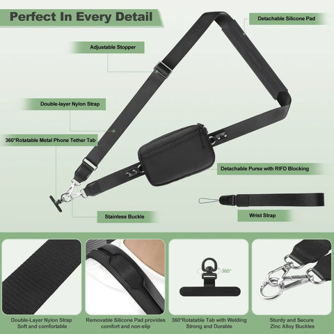 Clip And Go Phone Strap With Wallet Crossbody, Detachable RFID Wristlet, Universal 360 Rotatable Phone Tabs, Adjustable Lanyard, Black