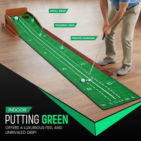 Indoor Putting Green With Auto Ball Return Pro Grade True Roll Mat At 10-11 Stimp Dual Precision Holes Alignment Mirror in use