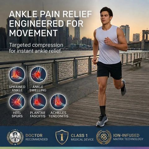 Runner wearing Ankle Brace For Men And Women With Adjustable Compression Sleeve And Wrap Ion Matrix Support By City Bridge