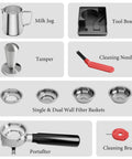 Automatic Espresso Machine With Grinder And 20 Bar Pressure Serves Up Straight Fire Lattes And Cappuccinos For Your Home Barista Gear kitchen tool set including milk jug, tamper, portafilter, filter baskets, cleaning brush.