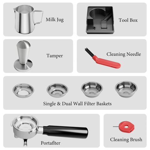 Automatic Espresso Machine With Grinder And 20 Bar Pressure Serves Up Straight Fire Lattes And Cappuccinos For Your Home Barista Gear kitchen tool set including milk jug, tamper, portafilter, filter baskets, cleaning brush.