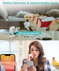 Ultra Clear 3MP Indoor Security Camera for Home Use with 2K Night Vision showing motion alerts on phone for pet activity