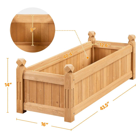 Wooden Raised Garden Bed Planter Box For Yard And Greenhouse Outdoor Use, Rectangular Planter, Light Brown with Dimensions.