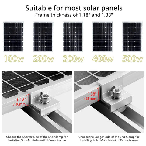 Six Pack Solar Panel Mounting Brackets Kit With 7.87 Inch Aluminum Rails And 30mm And 35mm End Clamps for Various Solar Panel Sizes