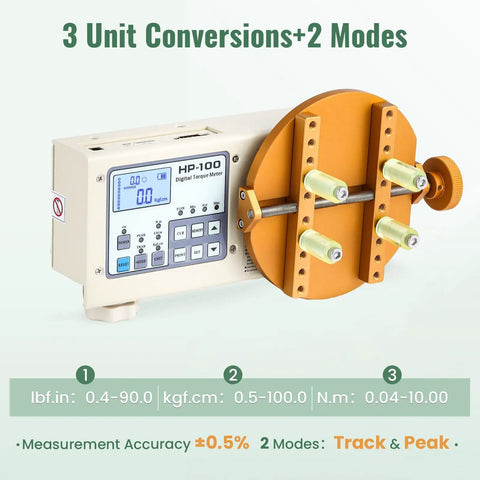 Pro Grade Digital Torque Meter For Bottle Cap Testing And Torque Screwdriver Wrench Tester With PC Data Logging Alarm Settings Auto Shut Down And Energy Saving For Lab And Workshop. Front view with clamp