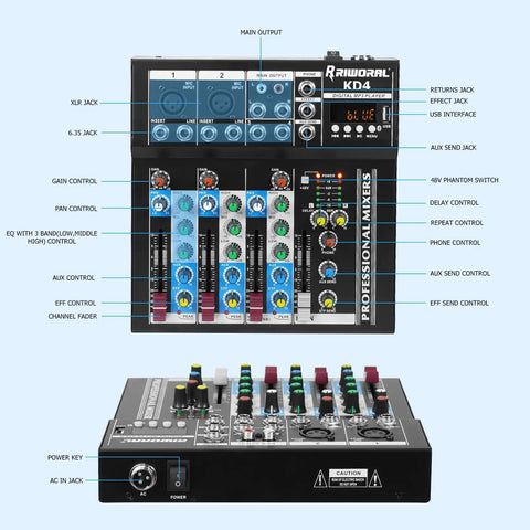 4 Channel Audio Interfacer DJ Mixer With USB Audio Interface, Plug-And-Play, Built-In Effects, 48V Phantom Power, top view