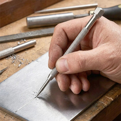 Top Shelf Tungsten Carbide Pocket Scriber For Driving Razor Sharp Weld Marks And Engraving Metal Glass Or Ceramic Sheets With A Comfy Handle That Crushes Rough Work Daily in use on a metal sheet.