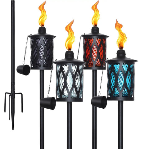 4 Pack Glass Outdoor Citronella Torches With 14 Oz Fuel, Adjustable 30 To 59 Inch Height, Multi Color Glass Flames On 4 Prong Grounded Stakes