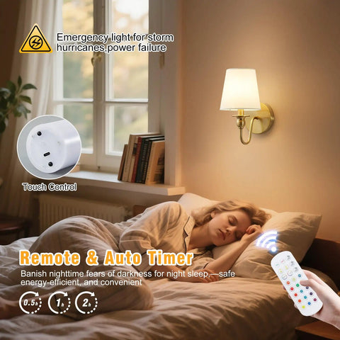 Slick Wireless Wall Sconces Set Of Two with remote, featuring gold fabric and touch control, perfect for bedroom or living room.