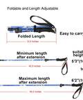 Go-To Ultralight Aluminum Collapsible Trekking Pole for Travel and Hiking, Adjustable, folded and extended lengths shown, blue
