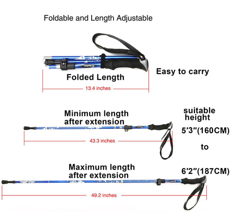 Go-To Ultralight Aluminum Collapsible Trekking Pole for Travel and Hiking, Adjustable, folded and extended lengths shown, blue