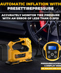Cordless Tire Inflator Air Compressor With 160 PSI shown with digital gauge and 20V battery compatible, car background