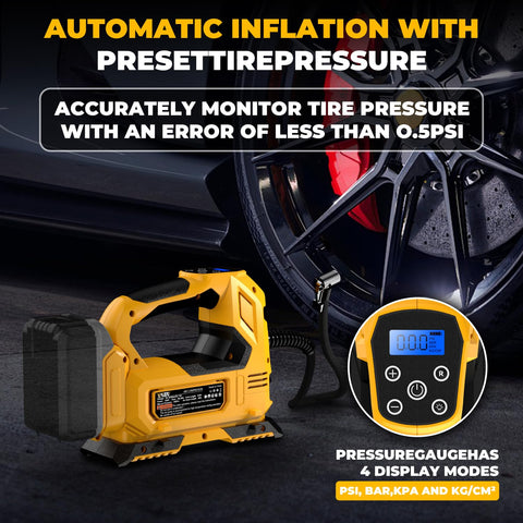 Cordless Tire Inflator Air Compressor With 160 PSI shown with digital gauge and 20V battery compatible, car background