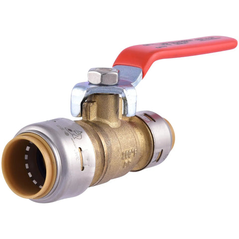 3/4 In To 1/2 In PTC Reducing Ball Valve, Push-To-Connect Brass Water Shut-Off Plumbing Fitting, Model UR22973, side view