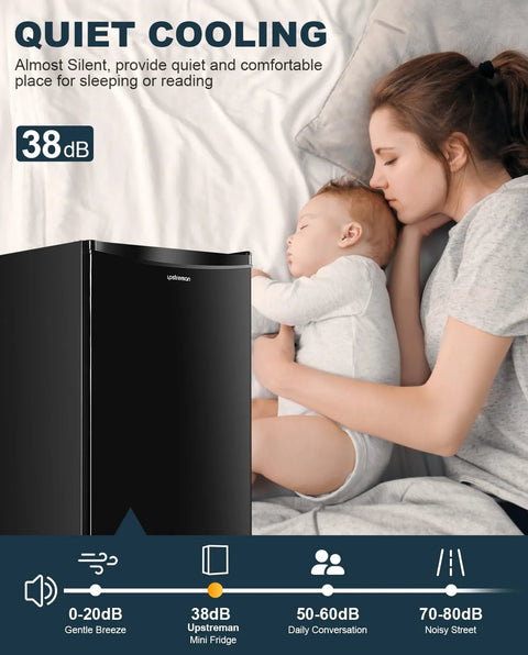 Front view of Upstreman 3.2 cu ft black single-door mini fridge with freezer.