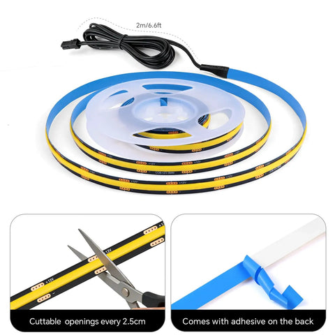 12V LED Cabinet Lighting Kit 10pcs Self-Adhesive Cuttable 6.56Ft showing LED strip on spool, cuttable sections and adhesive back.
