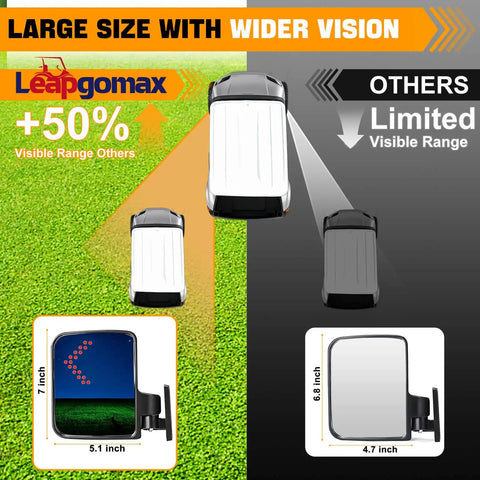 LED Turn Signal Side Mirrors for Golf Carts with 7x5 Inch Glass showing visibility comparison with clear view and angle difference