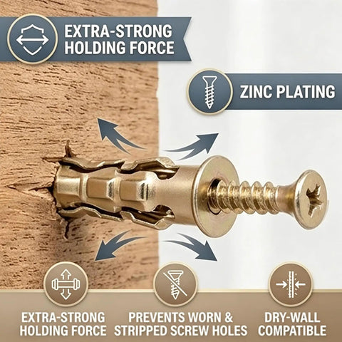 Close-up of short expansion screw in wood showing zinc plating, heavy duty design for cabinets, Straight Shot At Loose Cabinetry Starts With These Short Expansion Screws To Fill Stripped Holes And Bolt Hinges Or Tracks Back Secure On Wood Tile Or Concrete Heavy Duty Anchors 20 Pack.