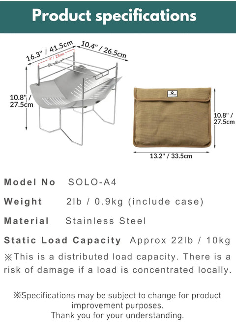 Product specifications for Solo Grill A4 Portable Camping Fire Pit, showing size and carry bag in stainless steel.