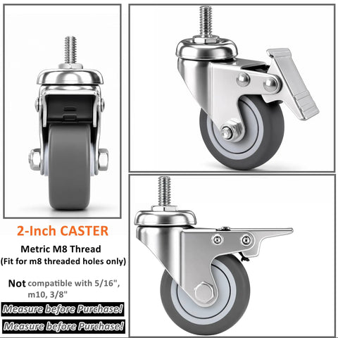 2 Inch M8-1.25 Metric Caster Wheels With Locking Brakes Set Of 4 TPR Swivel Casters close-up view with gray rubber and steel finish.