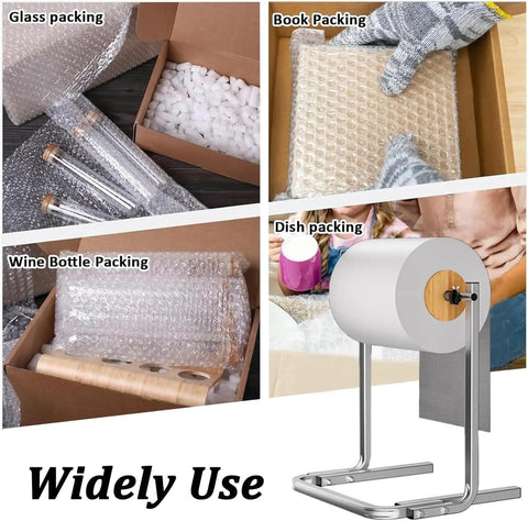 Heavy Duty Bubble Wrap Dispenser Built Like A Tank With Steel Frame Fits 60 70 And 80 Cm Rolls No Sweat Quick Swap Core Rod Designed For Fast Warehouse Packing shown in various packing uses.