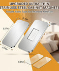 8 Pack Magnetic Cabinet Door Catches No Drill Needed Stainless Steel with measurements and double-sided tape