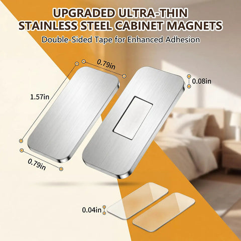 8 Pack Magnetic Cabinet Door Catches No Drill Needed Stainless Steel with measurements and double-sided tape