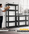 Heavy Duty 5 Tier Garage Shelving Unit 72 Inch High Adjustable Metal Rack For Tools And Gear Pro DIY Storage, black steel shelving shown with 72 x 35 x 15.7 in dimensions