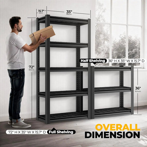 Heavy Duty 5 Tier Garage Shelving Unit 72 Inch High Adjustable Metal Rack For Tools And Gear Pro DIY Storage, black steel shelving shown with 72 x 35 x 15.7 in dimensions