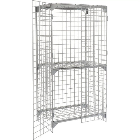 Built Tough Commercial Wire Mesh Security Locker With Heavy Duty Double Doors Premium Adjustable Shelf No Sweat Setup Hella Secure Latch For Shop Warehouse In Durable Gray, features two shelves and open design.