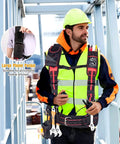 Worker wearing Premium Padded Tool Belt Suspenders With Magnetic Clips Heavy Duty Work Gear Tough As Nails 1680D Ballistic Nylon