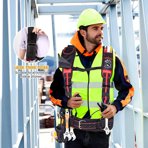 Worker wearing Premium Padded Tool Belt Suspenders With Magnetic Clips Heavy Duty Work Gear Tough As Nails 1680D Ballistic Nylon