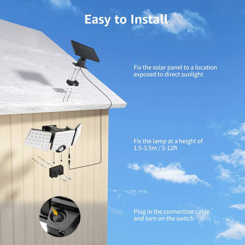 Lit Outdoor Solar Motion Sensor Light With 3 Adjustable Heads mounted under roof, separate solar panel on top, showing installation