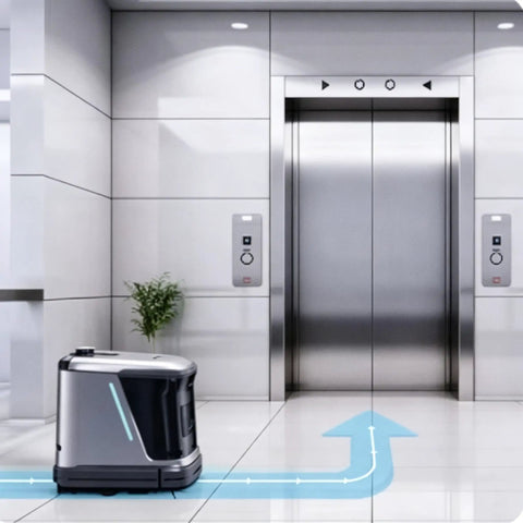 Industrial Cleaning Robot For Shopping Centers With Floor Mopping Intelligent Maintenance Alerts Cross Region Multi Task Cleaning Auto Navigation Workhorse Scrub Power Smart Scheduling Quick Recharge Thorough Floor Cleanup robot near elevator showcasing navigation