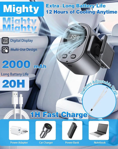Clip On Car Fan With LED Display And 360 Degree Rotation, 199 Speed Settings, USB Rechargeable, Dark Gray in car interior