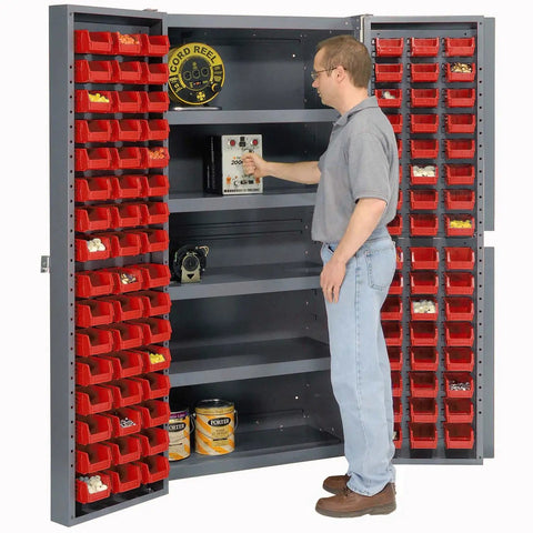 Built Like A Tank Deep Door Bin Cabinet With 96 Solid Red Plastic Organizing Bins Adjustable Shelves Secure Lock Hasp Heavy Duty 270 Swinging Doors Pre Assembled in use displaying sorting bins.