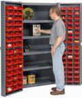 Industrial Grade Heavy Duty Storage Cabinet Featuring 96 Bright Red Plastic Sort Bins And Five Adjustable Shelves, man organizing tools.