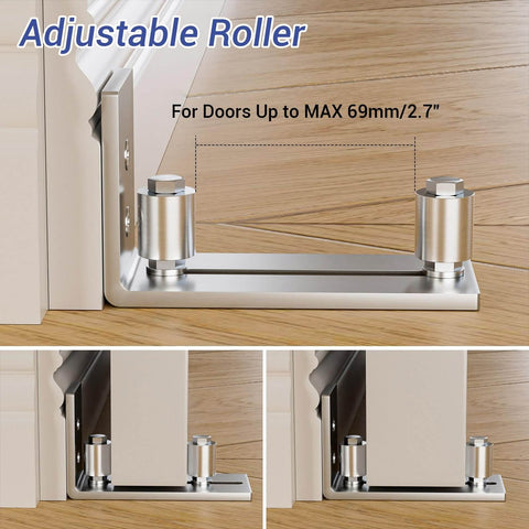 Adjustable stainless steel bottom floor guide for barn doors showing roller, installed on wooden floor, wall-mounted design.