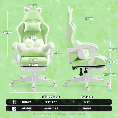 Front and side view of Totally Cute Cat Ears Gaming Chair With Detachable Ears, Plush Cat Paw Lumbar Pillow, Cozy Green Setup, measurements shown.