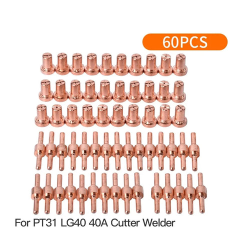 Get Your Plasma Cutter Running Like New With These 60 Pc consumables Kit For PT-31 And LG40 Torches Featuring Durable Long-Life Electrodes Plus Nozzles To Keep Your Cutting Game On Point - Copper electrodes and nozzles kit.