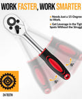 Professional Grade Mini Socket Set Featuring Quick Grip Ratchet And Extension Bar For Knuckling Down On Stubborn Bolts fast repairs at home or under the hood. Close-up of 15-degree quick grip ratchet with ergonomic handle.
